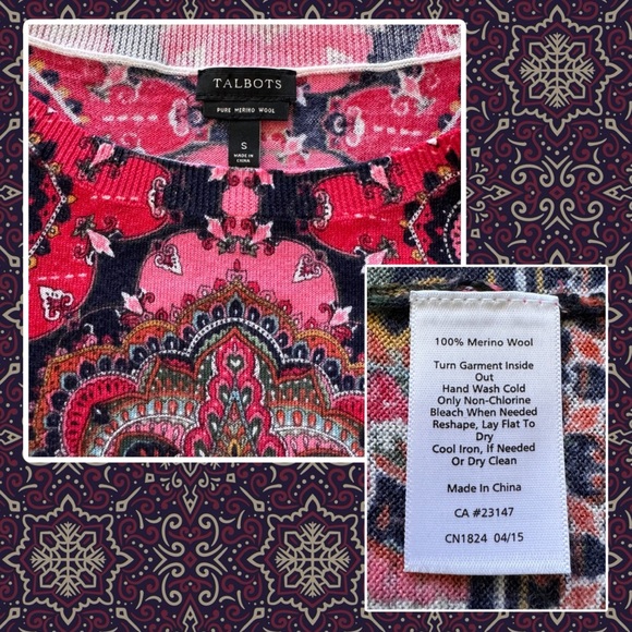 TALBOTS 100% Merino Wool Beautiful Print 3/4 Sleeve Spring Sweater - Picture 6 of 6